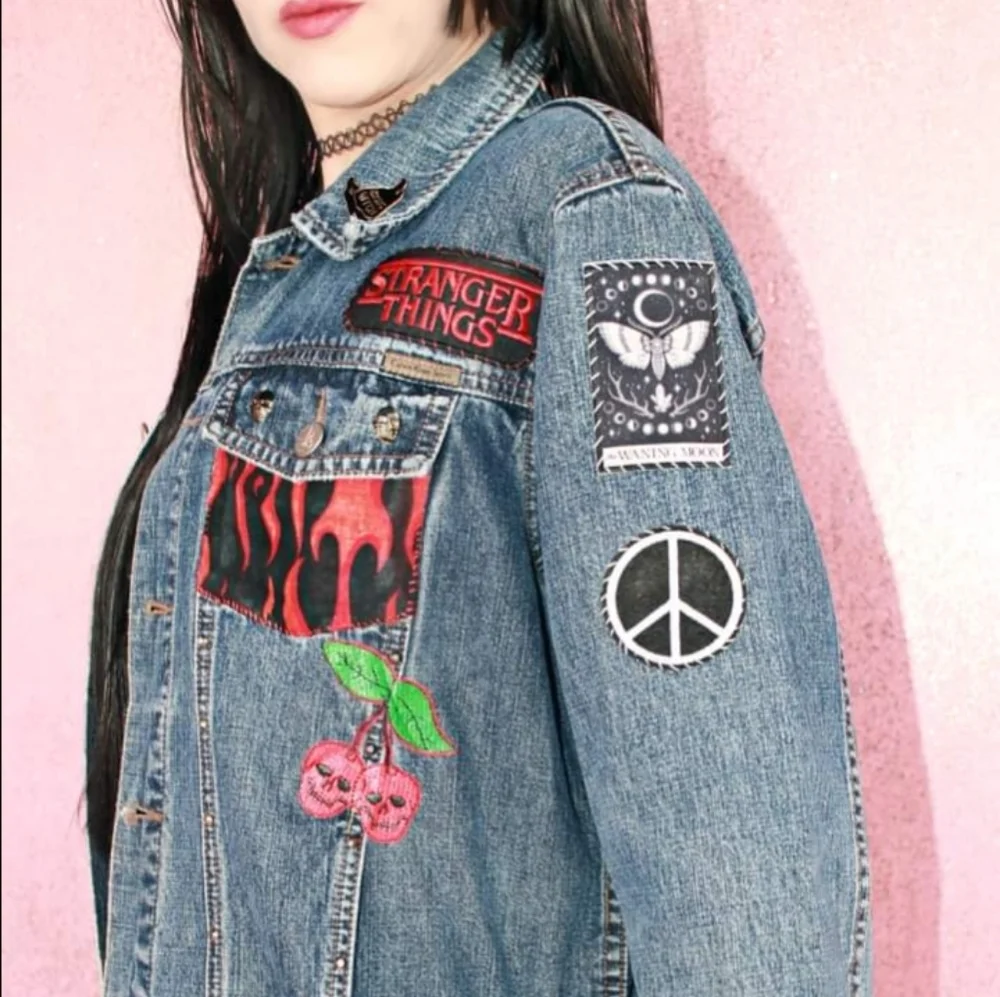 SOLD!!Chilling Adventures of a Hell Witch Calvin Klein y2k patch jean jacket - Picture 12 of 16